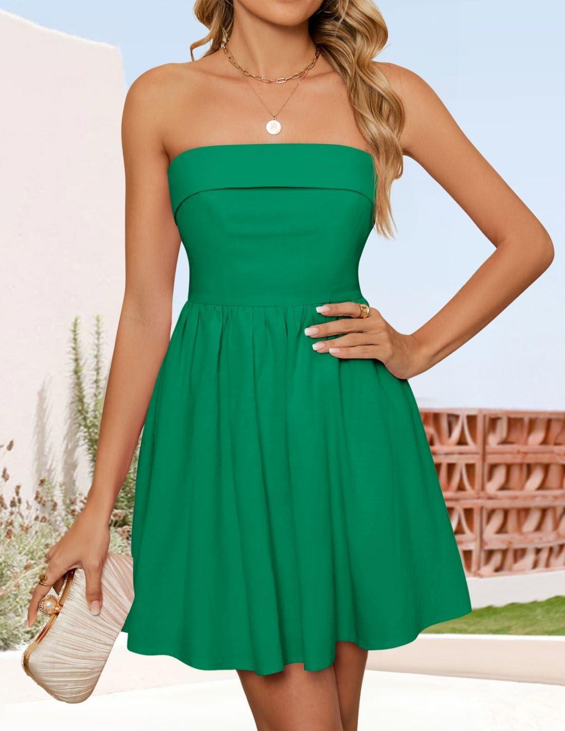 imageZESICA Womens Summer Strapless Mini Dress 2026 Sexy Off Shoulder High Waist A Line Swing Party Short DressesGreen
