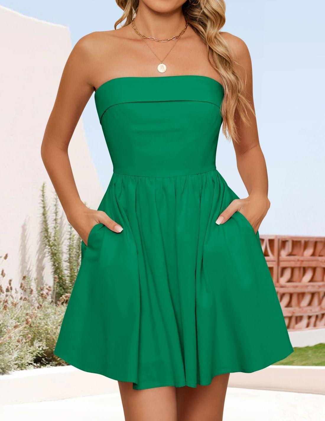 imageZESICA Womens Summer Strapless Mini Dress 2026 Sexy Off Shoulder High Waist A Line Swing Party Short DressesGreen