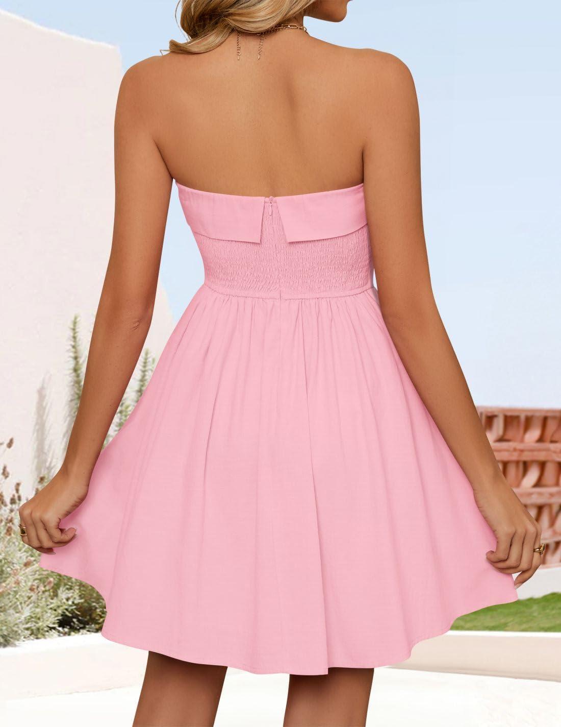 imageZESICA Womens Summer Strapless Mini Dress 2026 Sexy Off Shoulder High Waist A Line Swing Party Short DressesPink