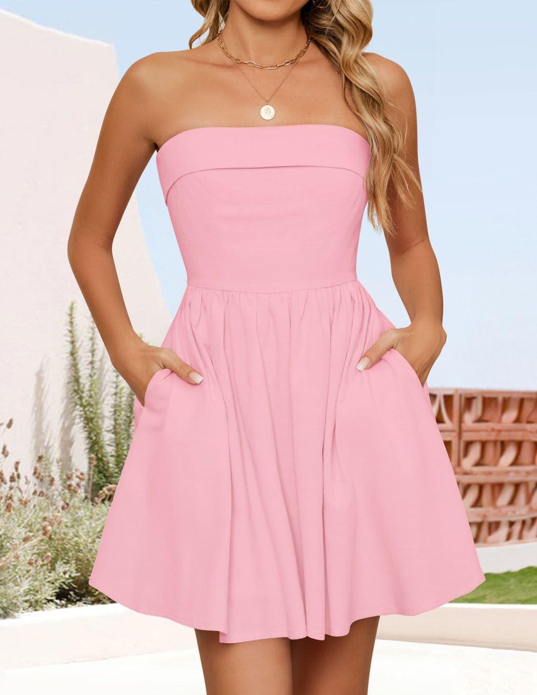 imageZESICA Womens Summer Strapless Mini Dress 2026 Sexy Off Shoulder High Waist A Line Swing Party Short DressesPink