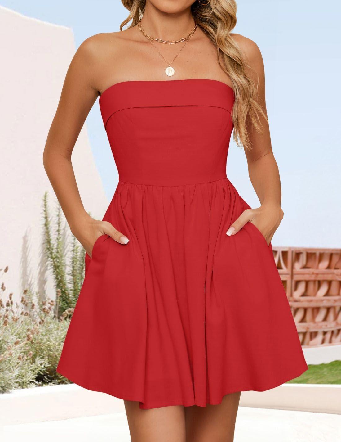 imageZESICA Womens Summer Strapless Mini Dress 2026 Sexy Off Shoulder High Waist A Line Swing Party Short DressesRed