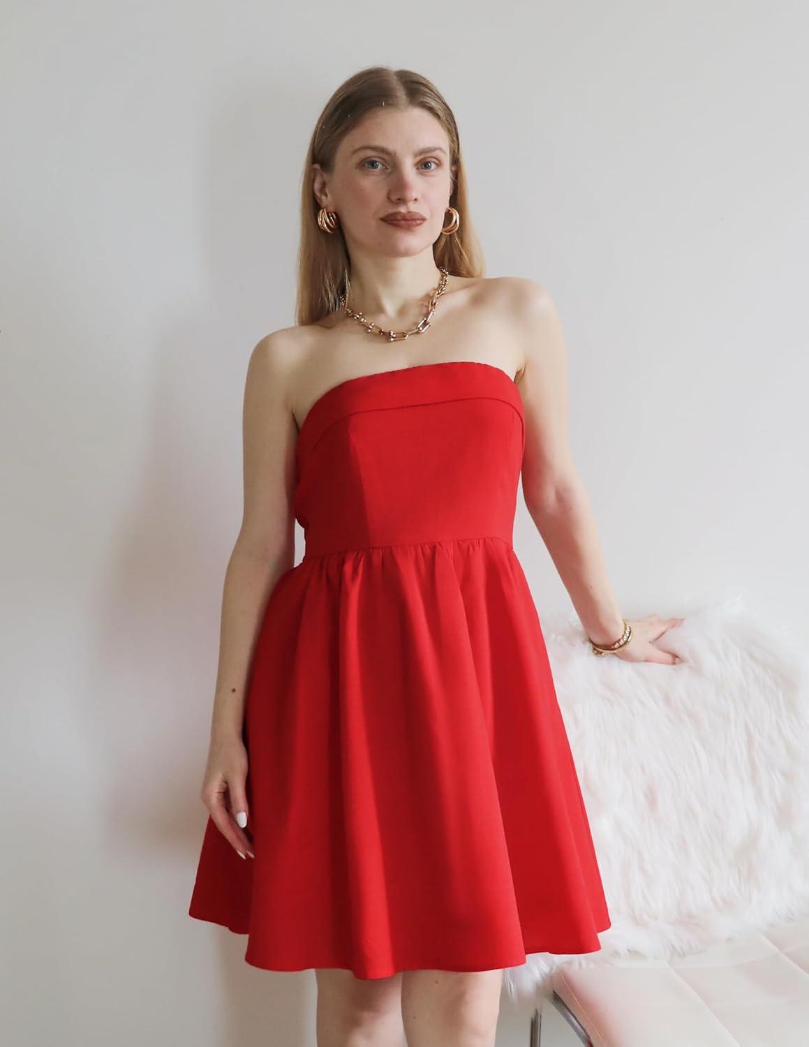 imageZESICA Womens Summer Strapless Mini Dress 2026 Sexy Off Shoulder High Waist A Line Swing Party Short DressesRed