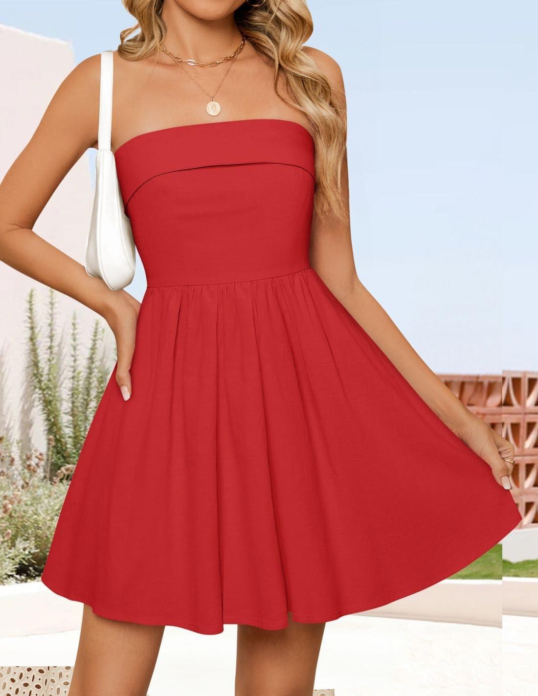 imageZESICA Womens Summer Strapless Mini Dress 2026 Sexy Off Shoulder High Waist A Line Swing Party Short DressesRed