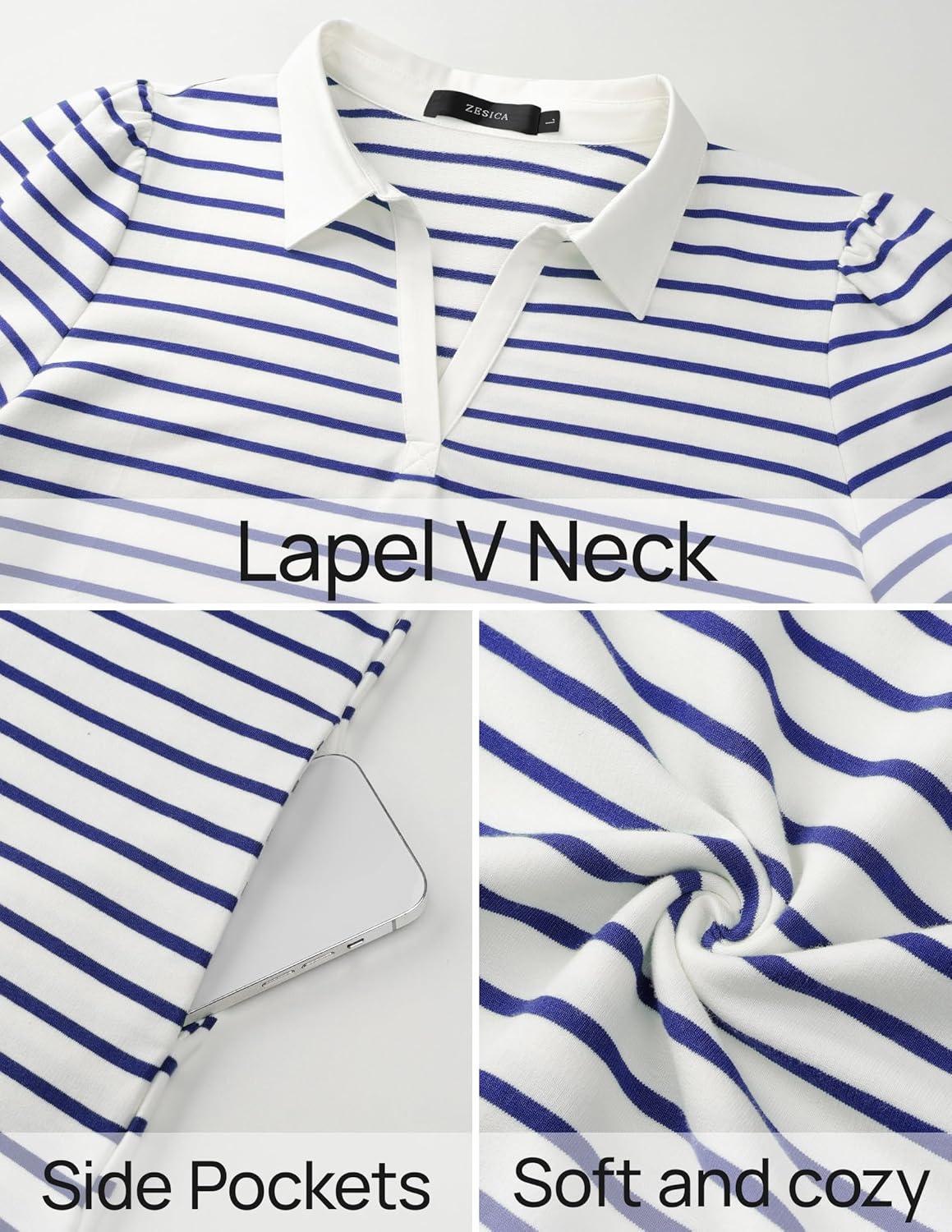 imageZESICA Womens Summer Striped T Shirt Mini Dresses 2026 Casual Lapel V Neck Short Sleeve Flowy A Line Beach Vacation DressBlue