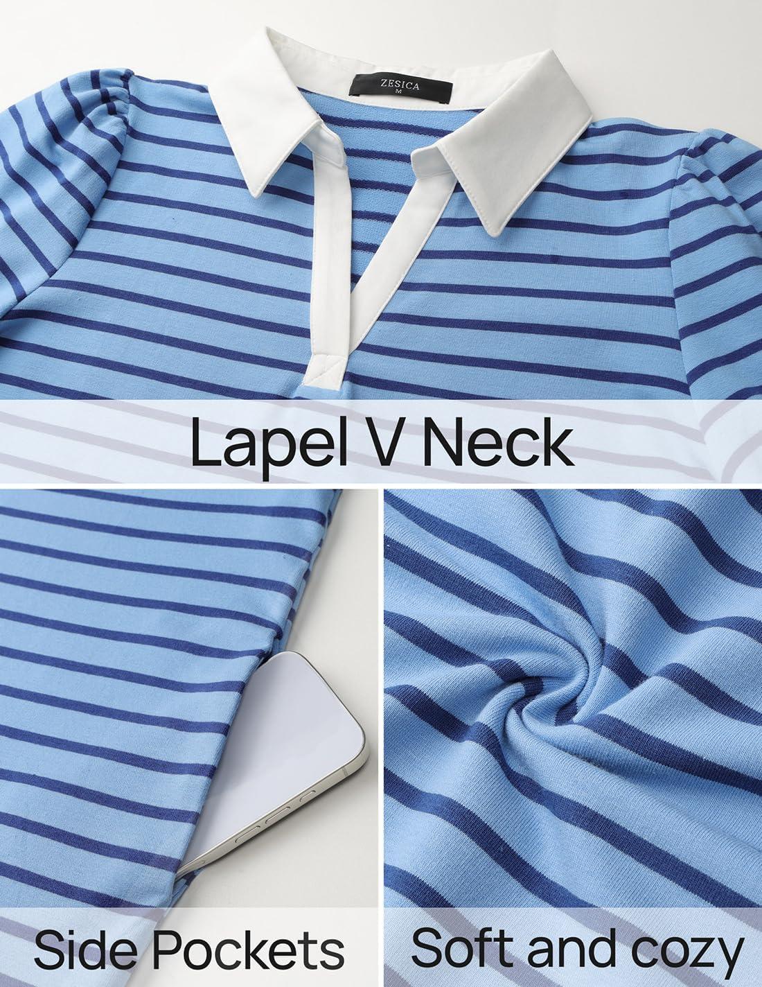 imageZESICA Womens Summer Striped T Shirt Mini Dresses 2026 Casual Lapel V Neck Short Sleeve Flowy A Line Beach Vacation DressSkyblue
