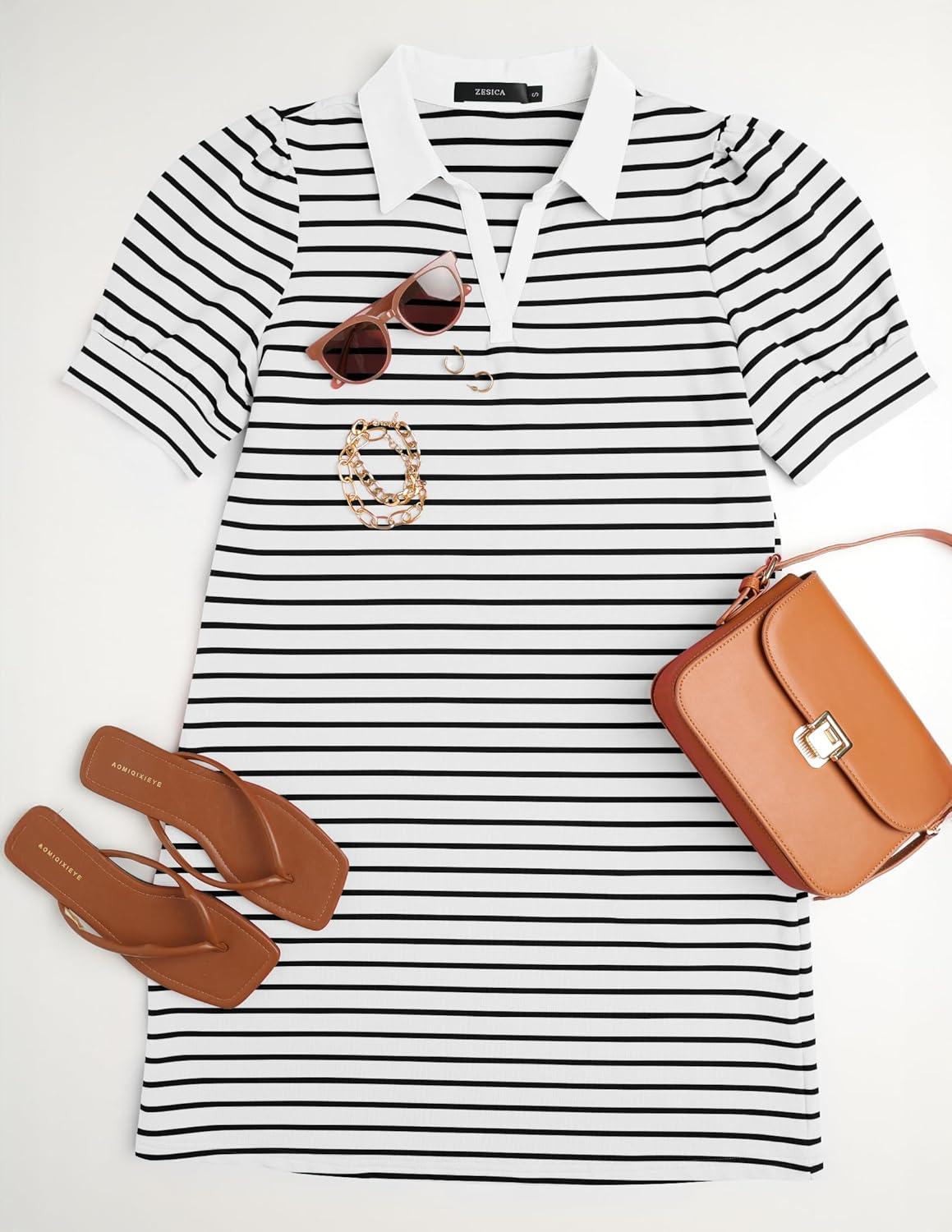 imageZESICA Womens Summer Striped T Shirt Mini Dresses 2026 Casual Lapel V Neck Short Sleeve Flowy A Line Beach Vacation DressWhite