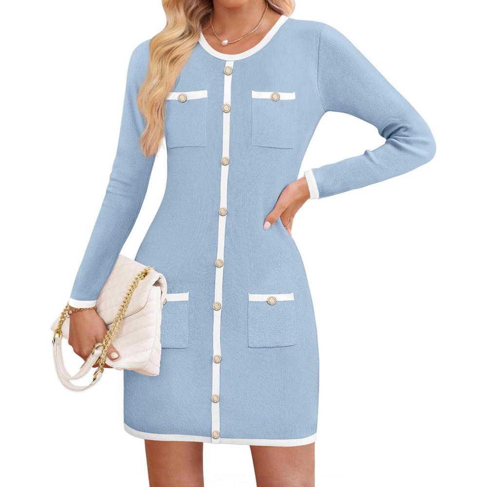 imageZESICA Fall Dresses for Women 2026 Long Sleeve Button Color Block Knit Bodycon Short Sweater Dresses with PocketsBlue