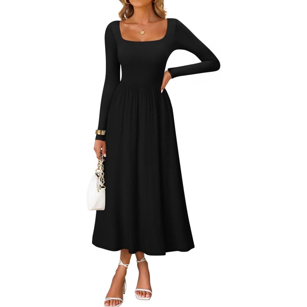 imageZESICA Spring Dresses for Women 2026 Elegant Classy Square Neck Long Sleeve Flowy Wedding Guest Party Midi DressBlack