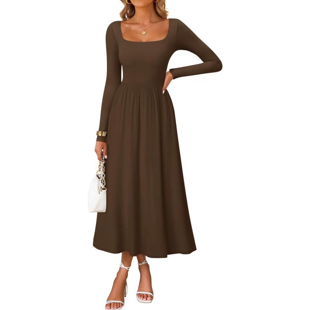 imageZESICA Spring Dresses for Women 2026 Elegant Classy Square Neck Long Sleeve Flowy Wedding Guest Party Midi DressBrown