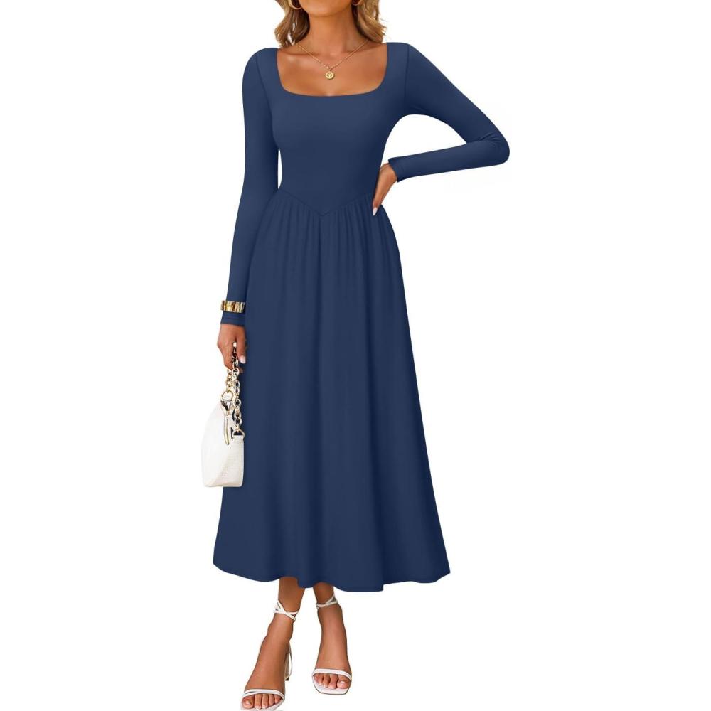 imageZESICA Spring Dresses for Women 2026 Elegant Classy Square Neck Long Sleeve Flowy Wedding Guest Party Midi DressNavy