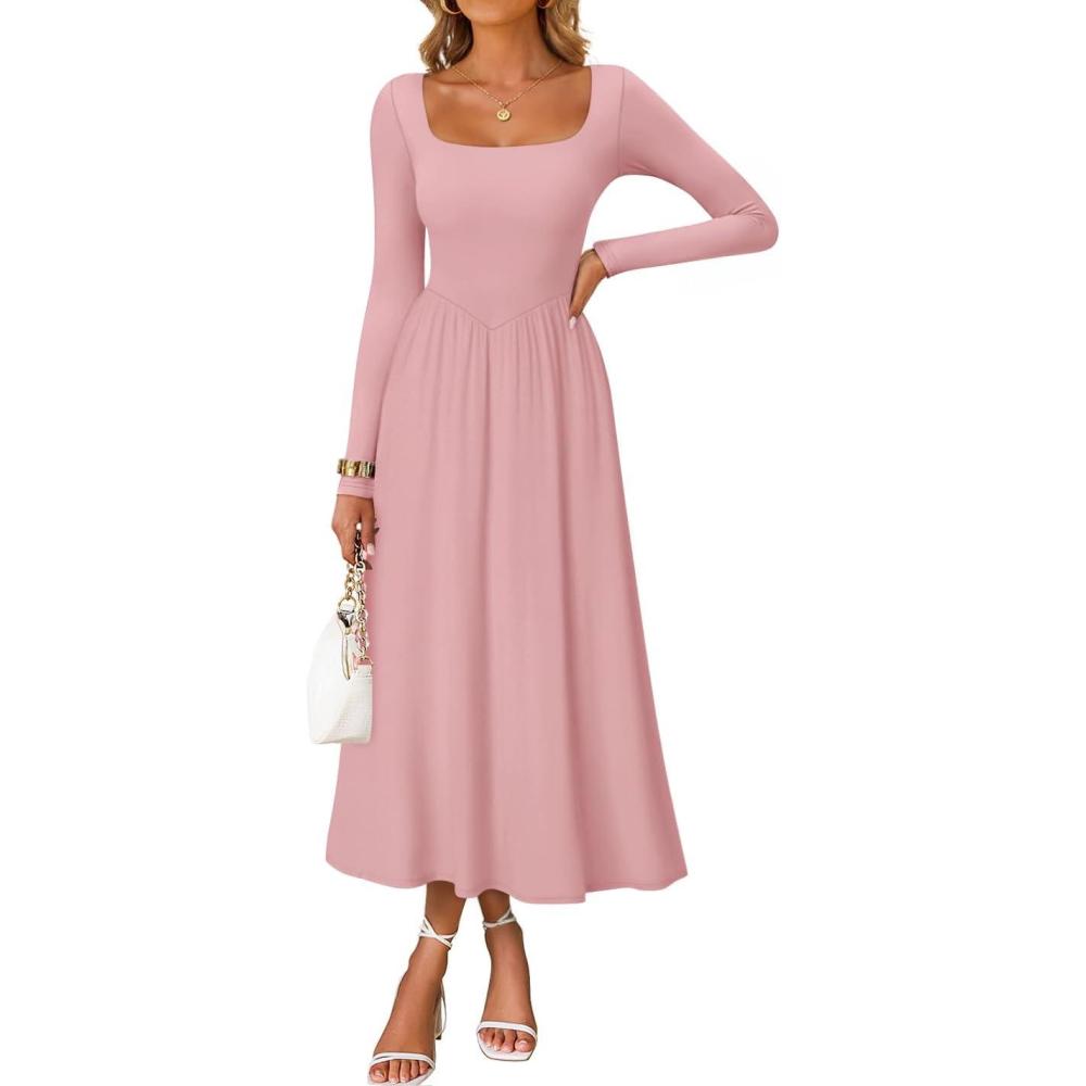 imageZESICA Spring Dresses for Women 2026 Elegant Classy Square Neck Long Sleeve Flowy Wedding Guest Party Midi DressPink