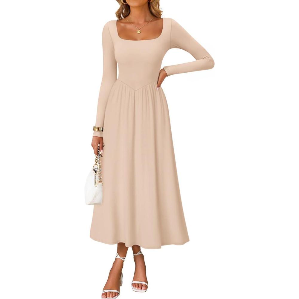 imageZESICA Spring Dresses for Women 2026 Elegant Classy Square Neck Long Sleeve Flowy Wedding Guest Party Midi DressSand