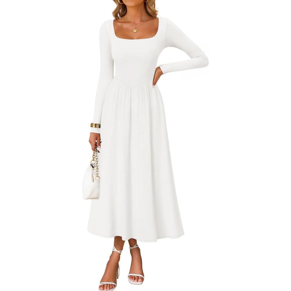 imageZESICA Spring Dresses for Women 2026 Elegant Classy Square Neck Long Sleeve Flowy Wedding Guest Party Midi DressWhite