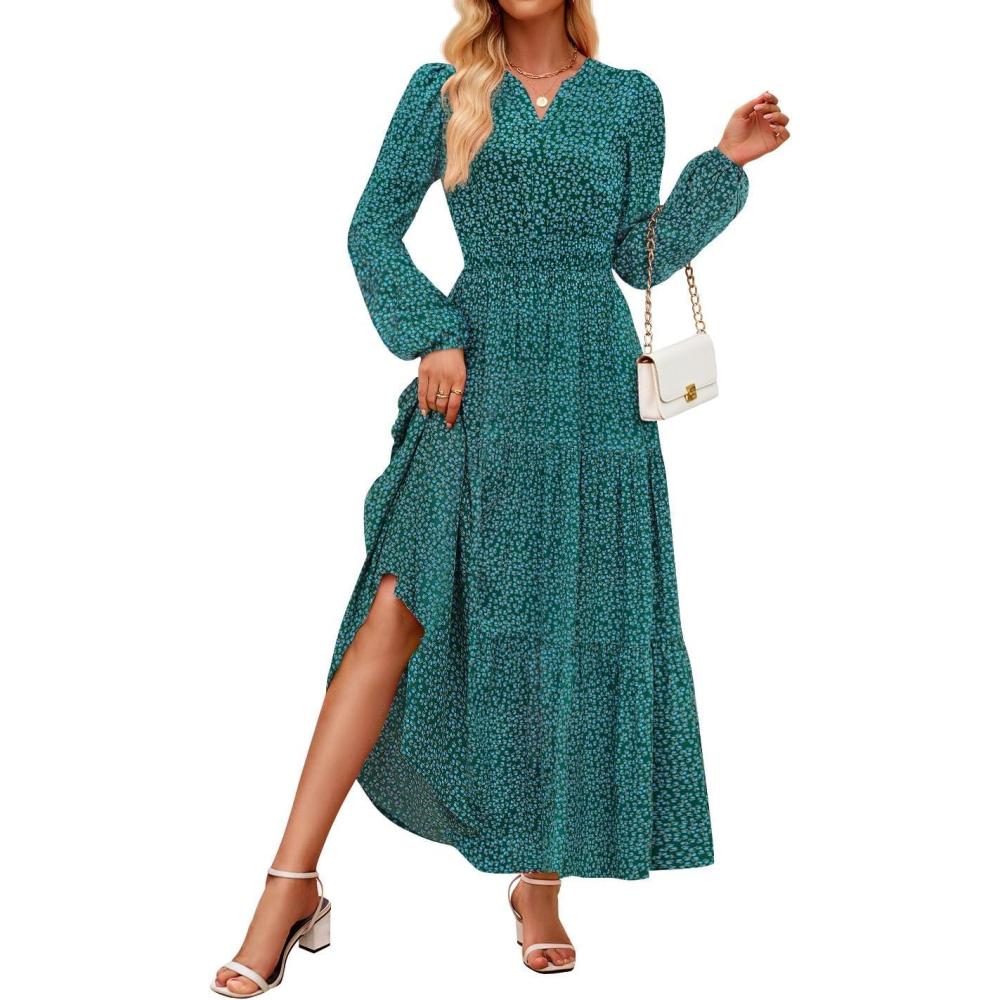imageZESICA Spring Dresses for Women 2026 Long Sleeve Boho Floral V Neck Empire Waist A Line Casual Flowy Wedding Guest Maxi DressGreen
