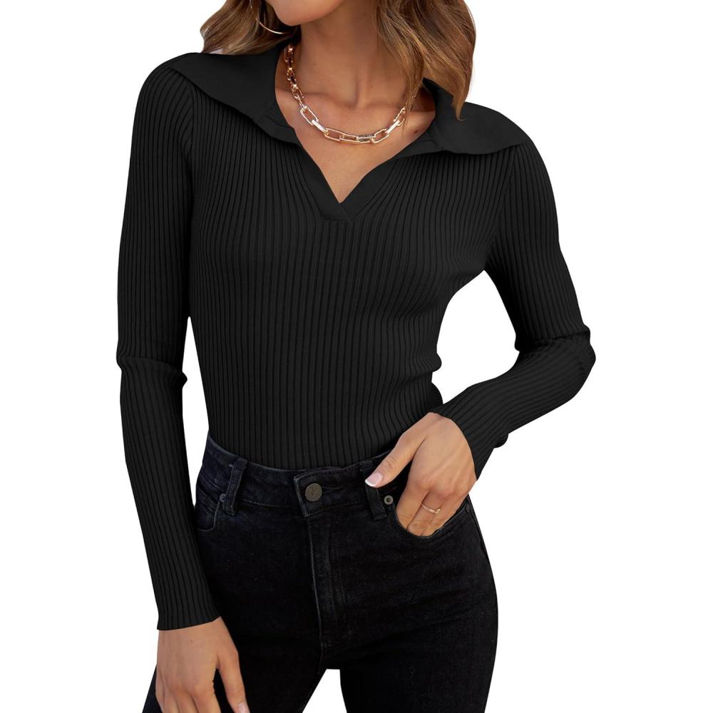 imageZESICA Sweaters for Women 2026 Spring Long Sleeve V Neck Ribbed Knit Pullover Tops Casual Slim Fit Basic Tee ShirtsBlack