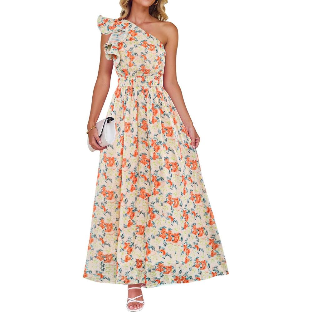 imageZESICA Womens 2026 Boho Floral Sleeveless Maxi Dress Ruffle One Shoulder Elatsic High Waist Beach Party Long DressesApricot