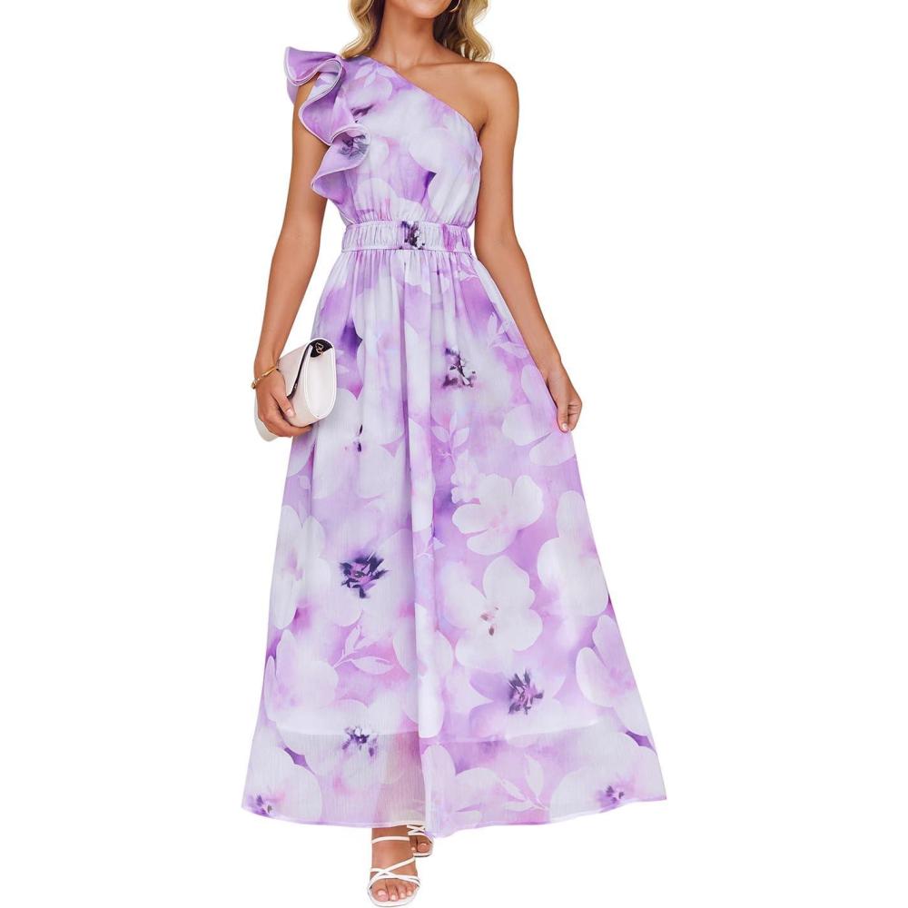 imageZESICA Womens 2026 Boho Floral Sleeveless Maxi Dress Ruffle One Shoulder Elatsic High Waist Beach Party Long DressesPurple