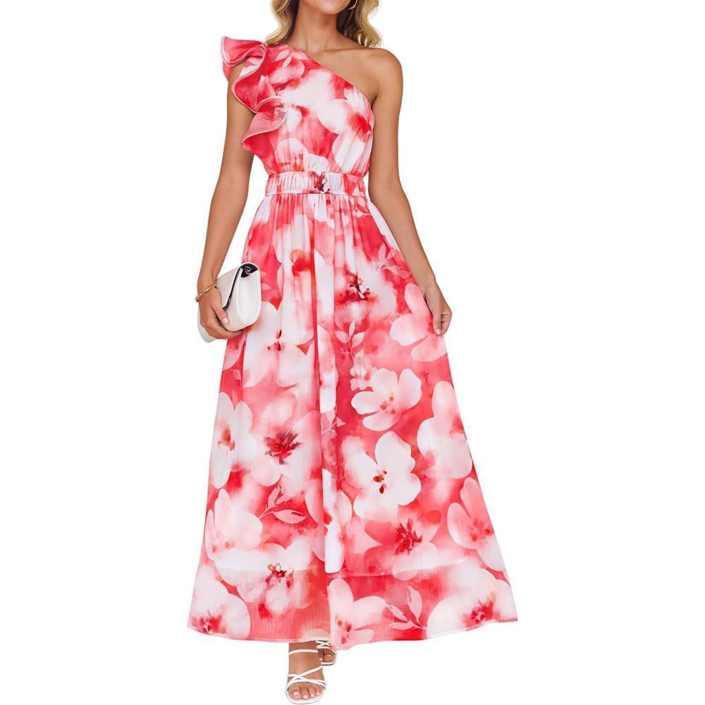 imageZESICA Womens 2026 Boho Floral Sleeveless Maxi Dress Ruffle One Shoulder Elatsic High Waist Beach Party Long DressesRed