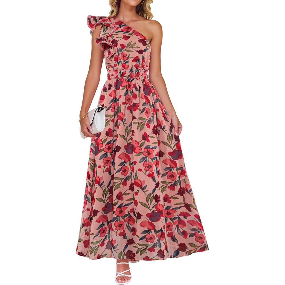 imageZESICA Womens 2026 Boho Floral Sleeveless Maxi Dress Ruffle One Shoulder Elatsic High Waist Beach Party Long DressesVintage Pink