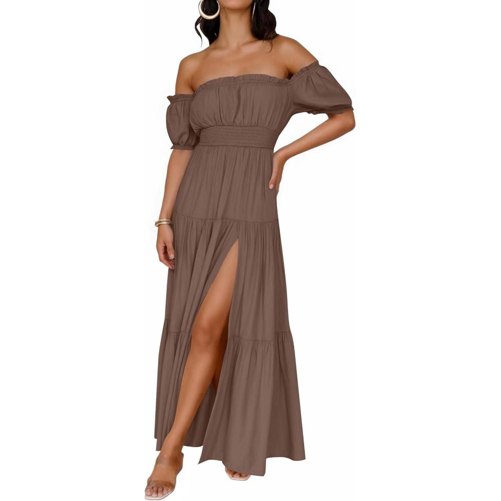imageZESICA Womens 2026 Boho Sexy Off Shoulder Short Sleeve Smocked Side Split Flowy A Line Tiered Long Maxi Dress with PocketsCoffee