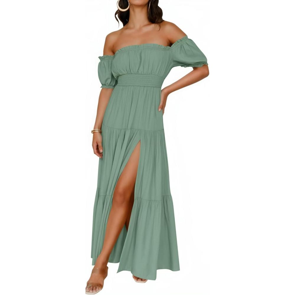 imageZESICA Womens 2026 Boho Sexy Off Shoulder Short Sleeve Smocked Side Split Flowy A Line Tiered Long Maxi Dress with PocketsGreen