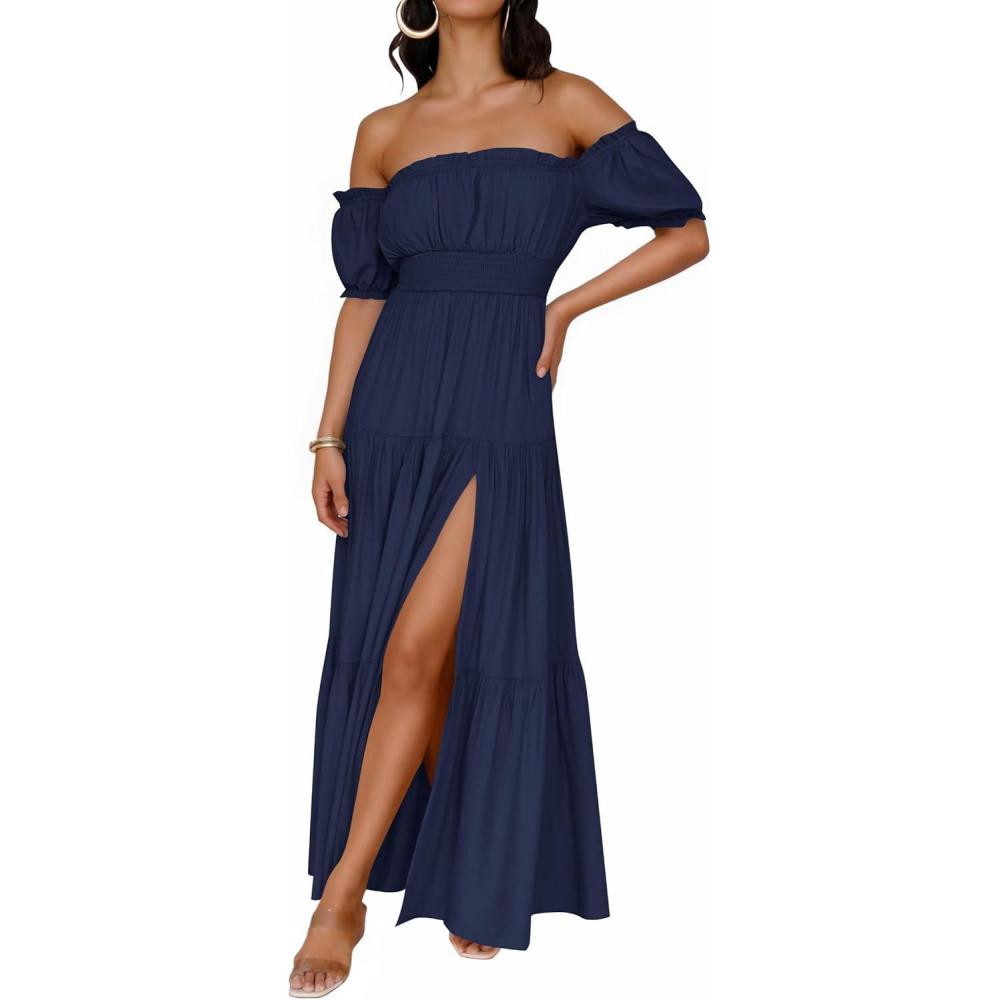 imageZESICA Womens 2026 Boho Sexy Off Shoulder Short Sleeve Smocked Side Split Flowy A Line Tiered Long Maxi Dress with PocketsNavy