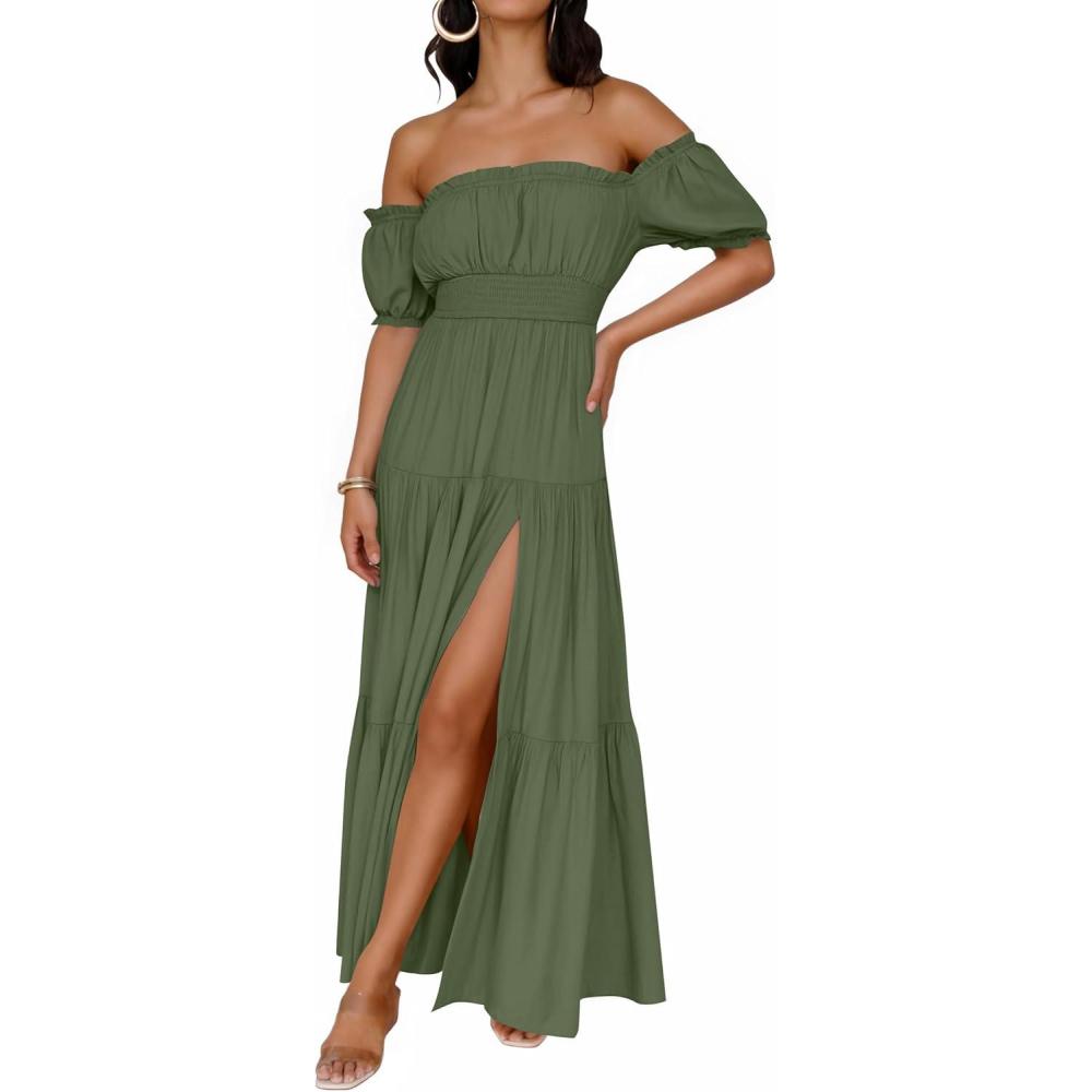 imageZESICA Womens 2026 Boho Sexy Off Shoulder Short Sleeve Smocked Side Split Flowy A Line Tiered Long Maxi Dress with PocketsOlive