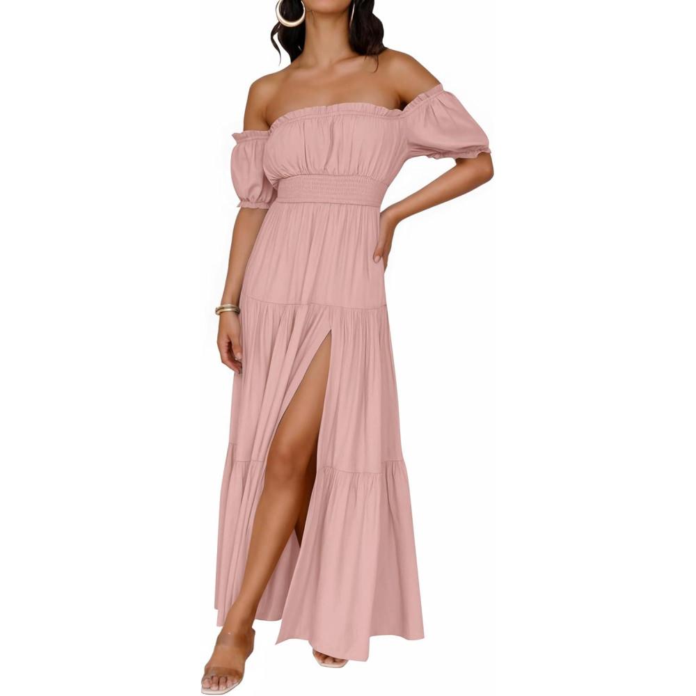 imageZESICA Womens 2026 Boho Sexy Off Shoulder Short Sleeve Smocked Side Split Flowy A Line Tiered Long Maxi Dress with PocketsPink