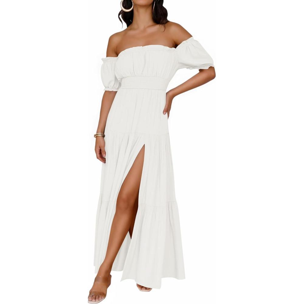 imageZESICA Womens 2026 Boho Sexy Off Shoulder Short Sleeve Smocked Side Split Flowy A Line Tiered Long Maxi Dress with PocketsWhite