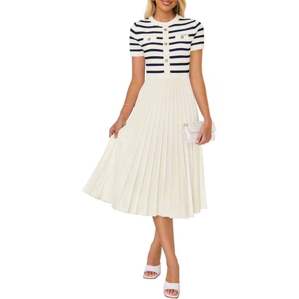 imageZESICA Womens 2026 Casual Striped Midi Dress Crewneck Short Sleeve Button Ribbed Knit Swing Pleated A Line DressesBeige