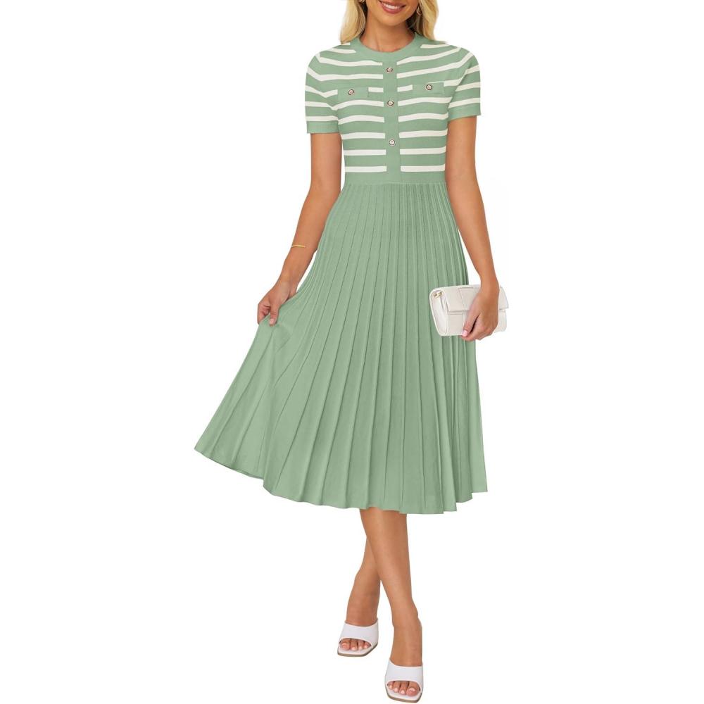 imageZESICA Womens 2026 Casual Striped Midi Dress Crewneck Short Sleeve Button Ribbed Knit Swing Pleated A Line DressesLight Green