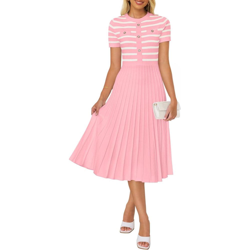 imageZESICA Womens 2026 Casual Striped Midi Dress Crewneck Short Sleeve Button Ribbed Knit Swing Pleated A Line DressesPink