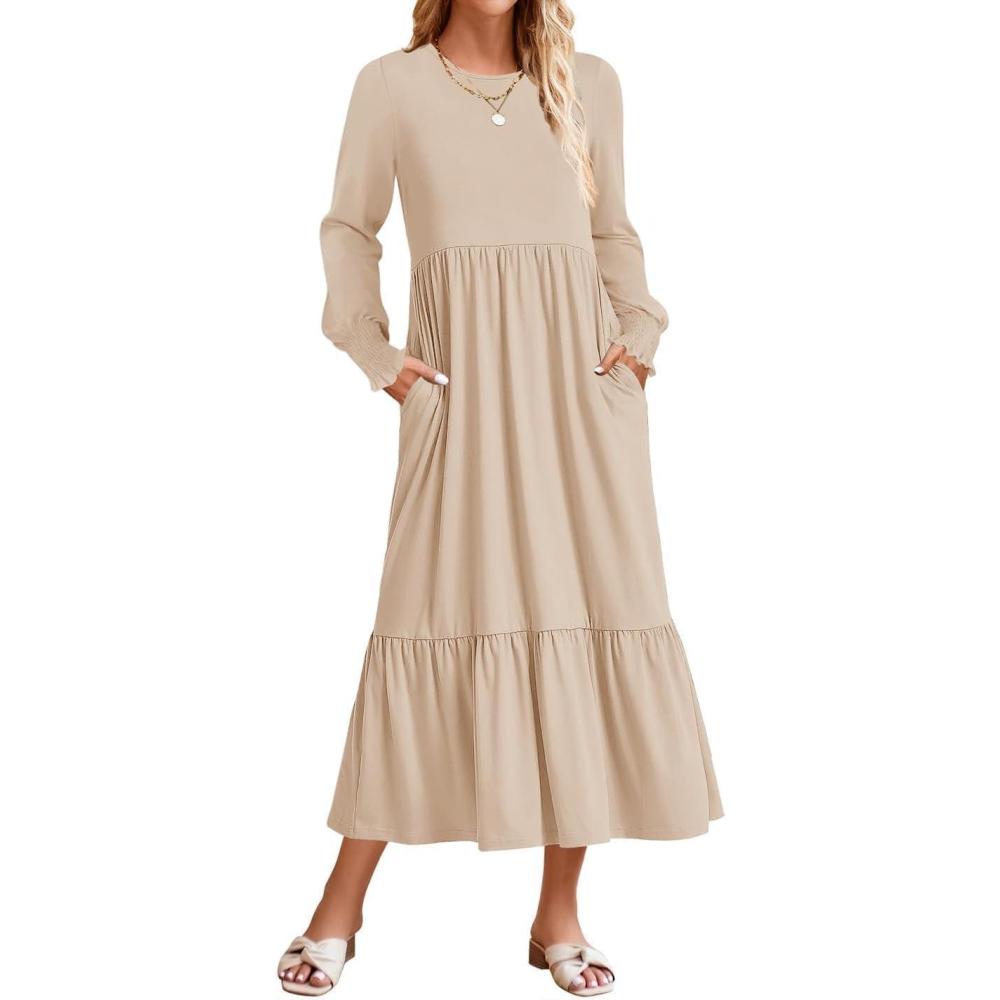 imageZESICA Womens 2026 Fall Long Sleeve Dress Crewneck Casual Loose Pleated Tiered Swing Midi Dresses with PocketsApricot