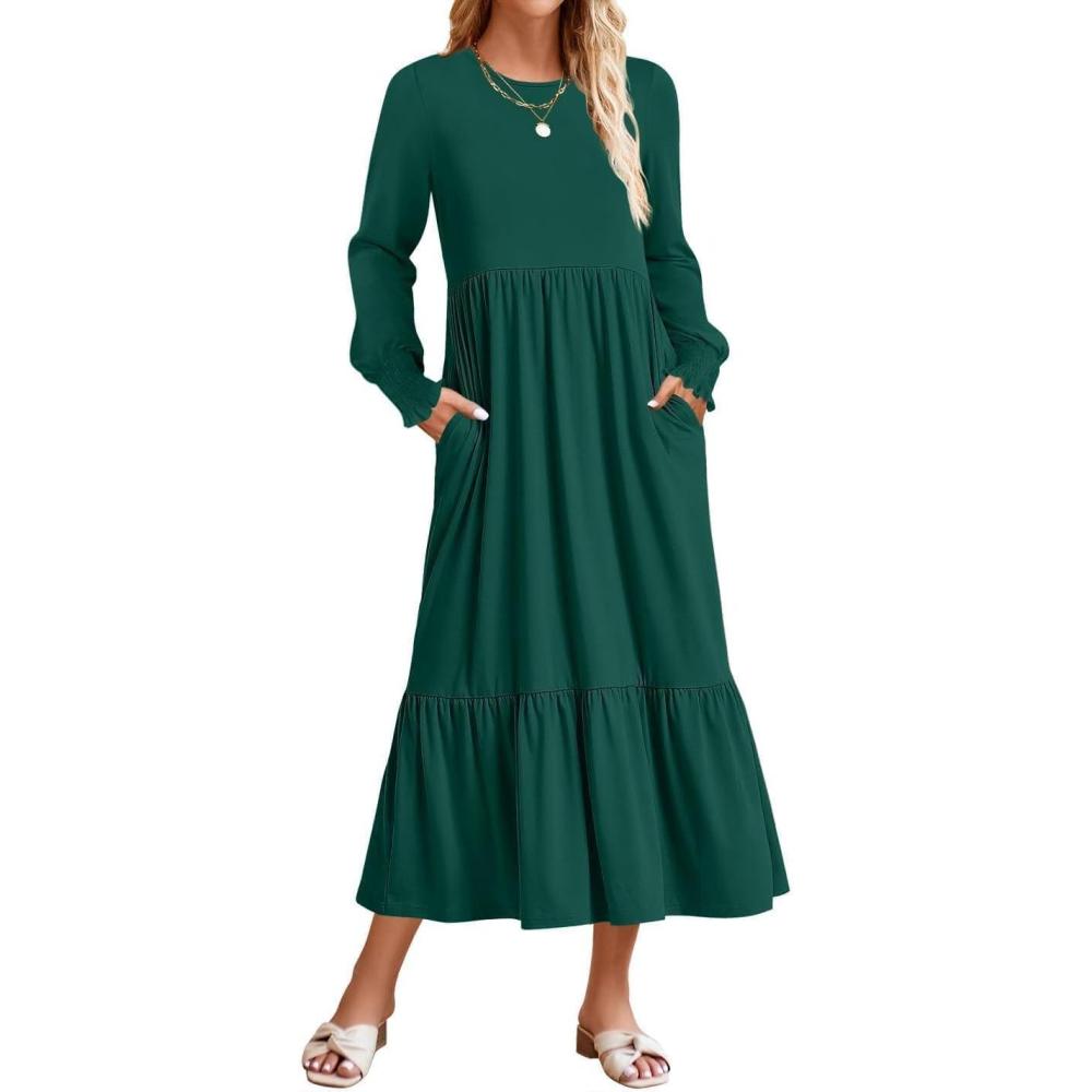 imageZESICA Womens 2026 Fall Long Sleeve Dress Crewneck Casual Loose Pleated Tiered Swing Midi Dresses with PocketsDarkgreen