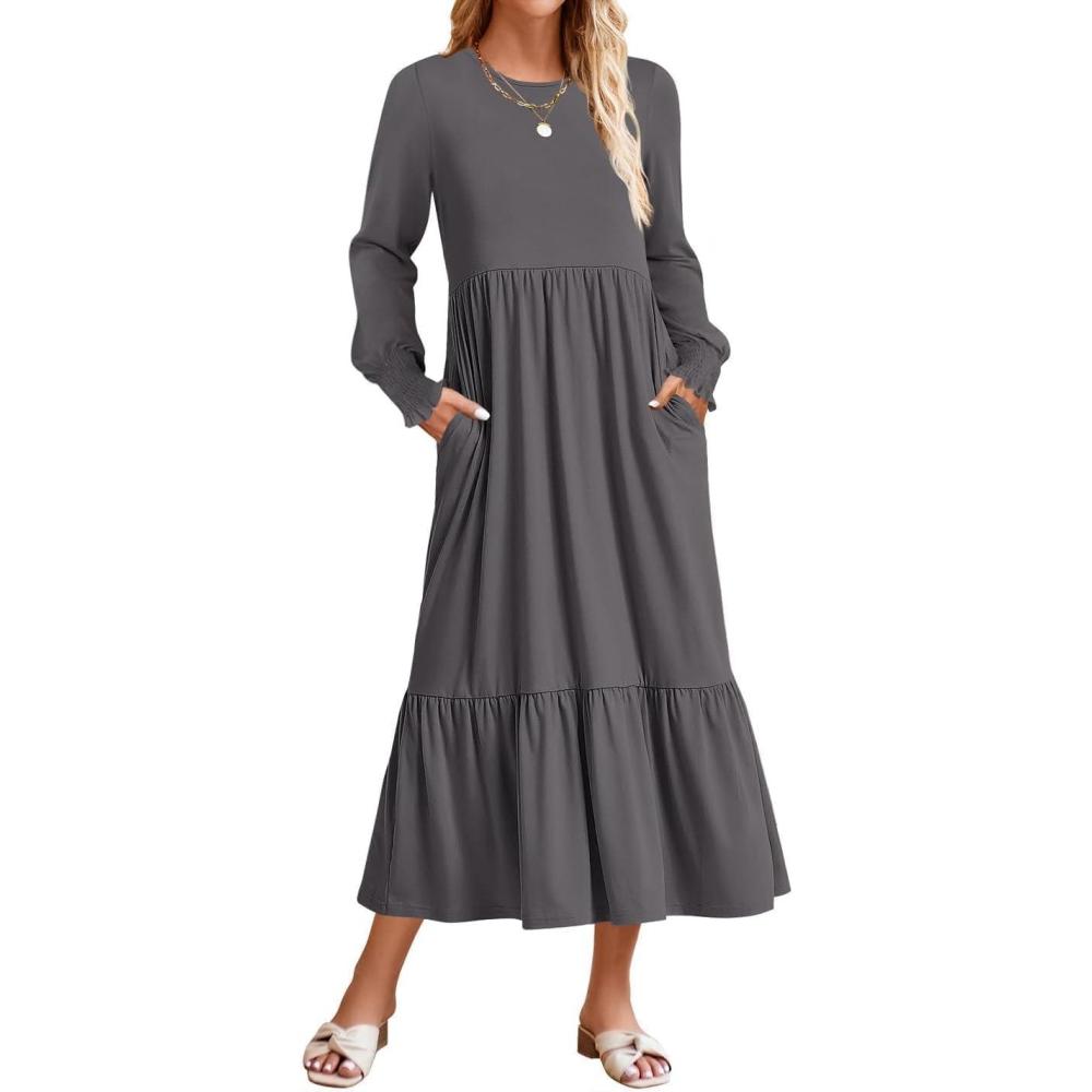 imageZESICA Womens 2026 Fall Long Sleeve Dress Crewneck Casual Loose Pleated Tiered Swing Midi Dresses with PocketsDarkgrey