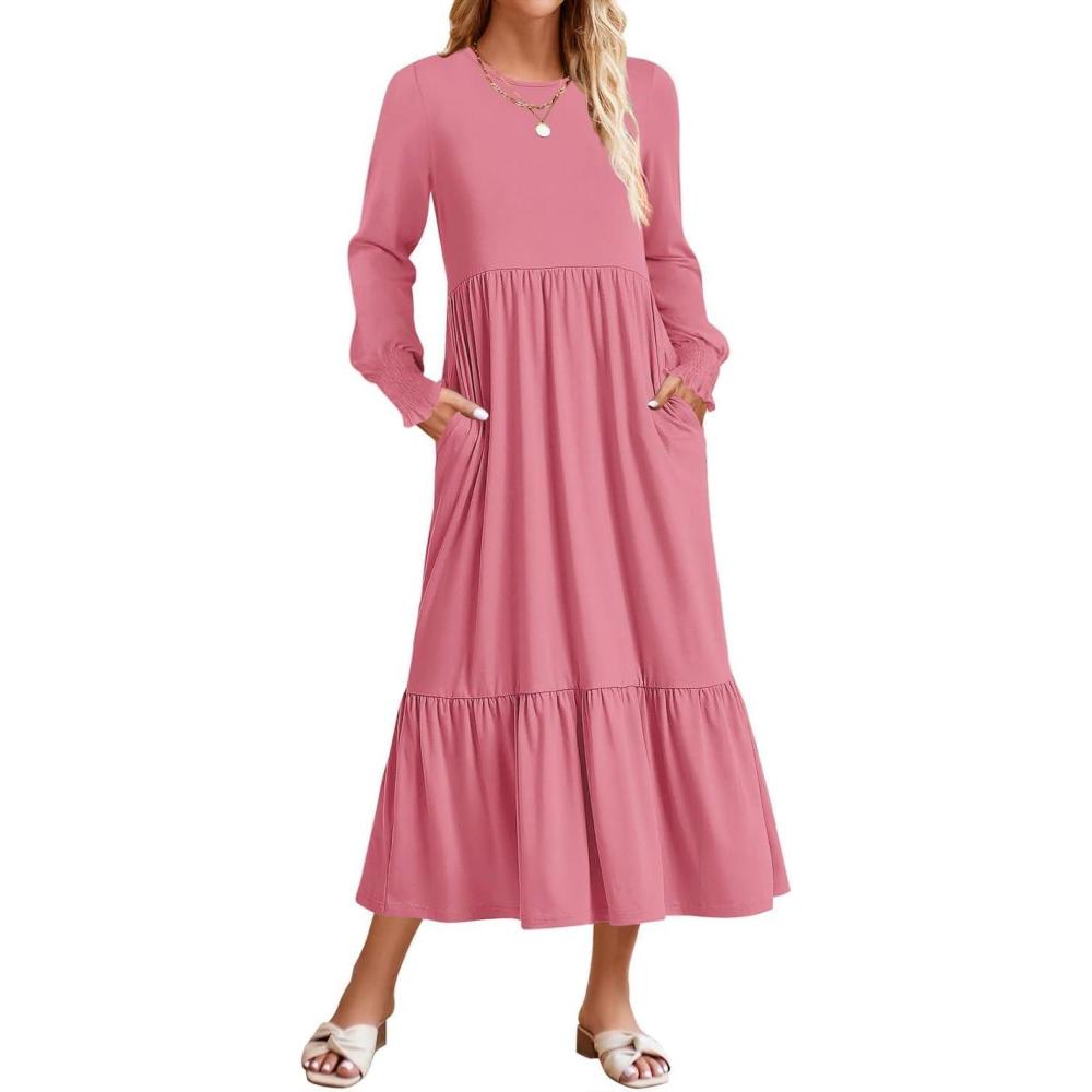 imageZESICA Womens 2026 Fall Long Sleeve Dress Crewneck Casual Loose Pleated Tiered Swing Midi Dresses with PocketsPink