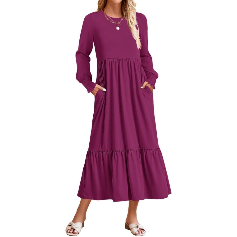 imageZESICA Womens 2026 Fall Long Sleeve Dress Crewneck Casual Loose Pleated Tiered Swing Midi Dresses with PocketsPlum