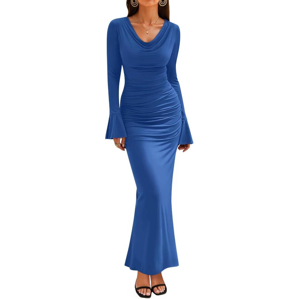 imageZESICA Womens 2026 Fall Long Sleeve Ruched Knit Bodycon Maxi Dress Cowl Neck Back Slit Formal Wedding Guest Cocktail DressesBlue