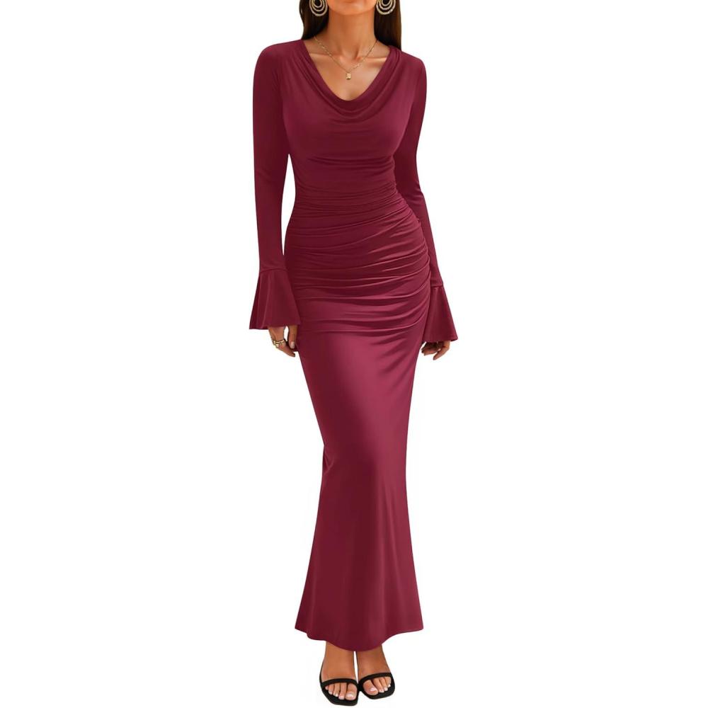 imageZESICA Womens 2026 Fall Long Sleeve Ruched Knit Bodycon Maxi Dress Cowl Neck Back Slit Formal Wedding Guest Cocktail DressesWine Red