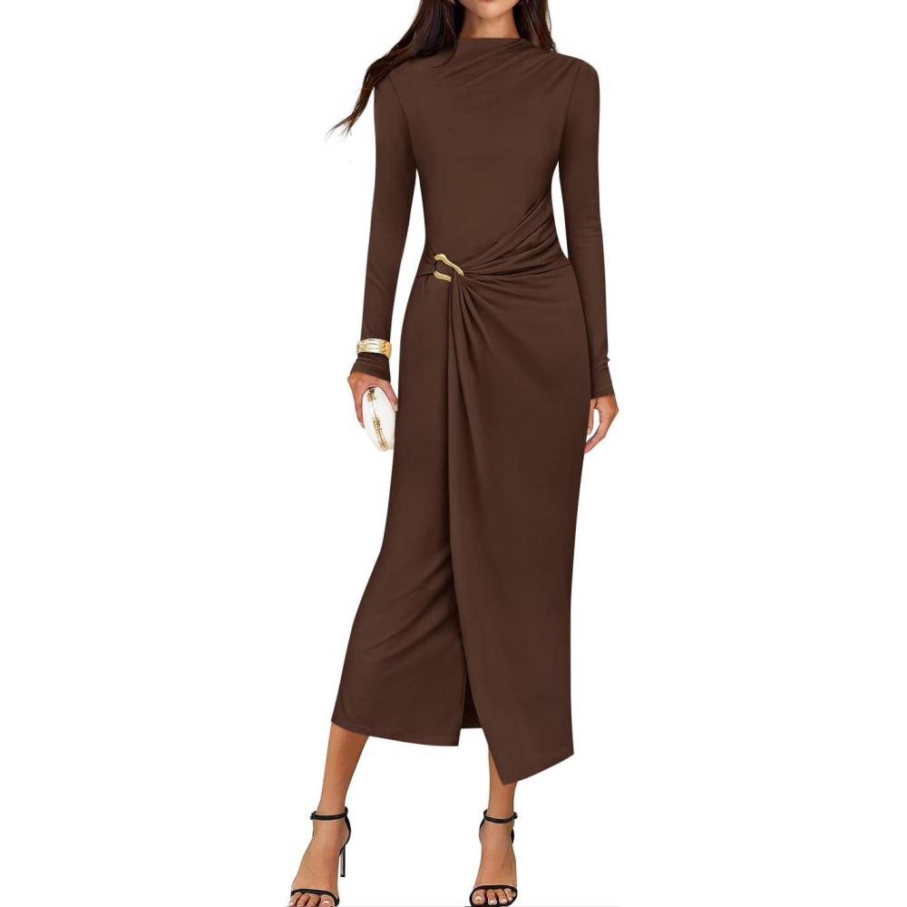 imageZESICA Womens 2026 Spring Long Sleeve Bodycon Dress Mock Neck Wedding Guest Cocktail Party Long Midi DressesBrown