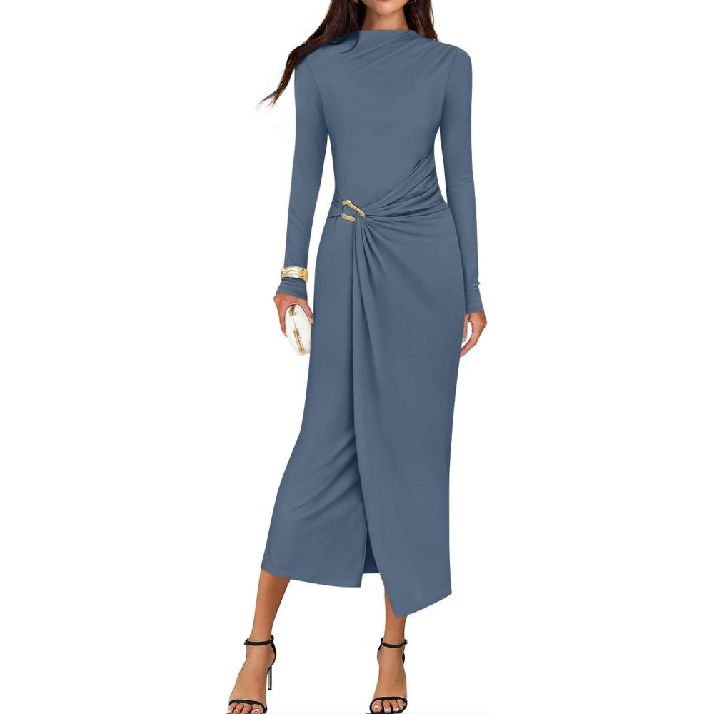 imageZESICA Womens 2026 Spring Long Sleeve Bodycon Dress Mock Neck Wedding Guest Cocktail Party Long Midi DressesDustyblue