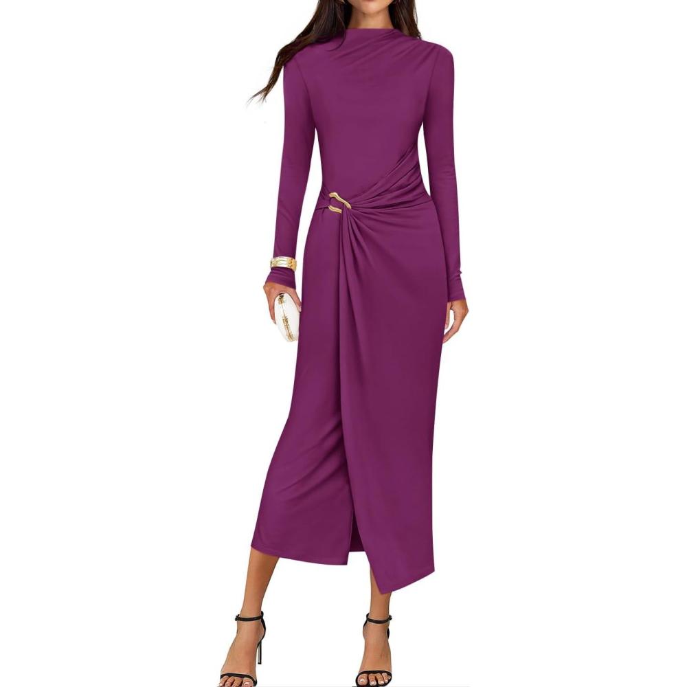 imageZESICA Womens 2026 Spring Long Sleeve Bodycon Dress Mock Neck Wedding Guest Cocktail Party Long Midi DressesEggplant