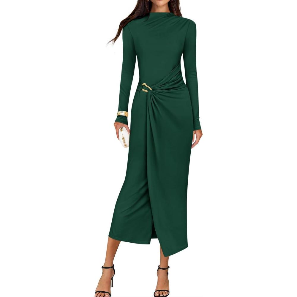 imageZESICA Womens 2026 Spring Long Sleeve Bodycon Dress Mock Neck Wedding Guest Cocktail Party Long Midi DressesGreen