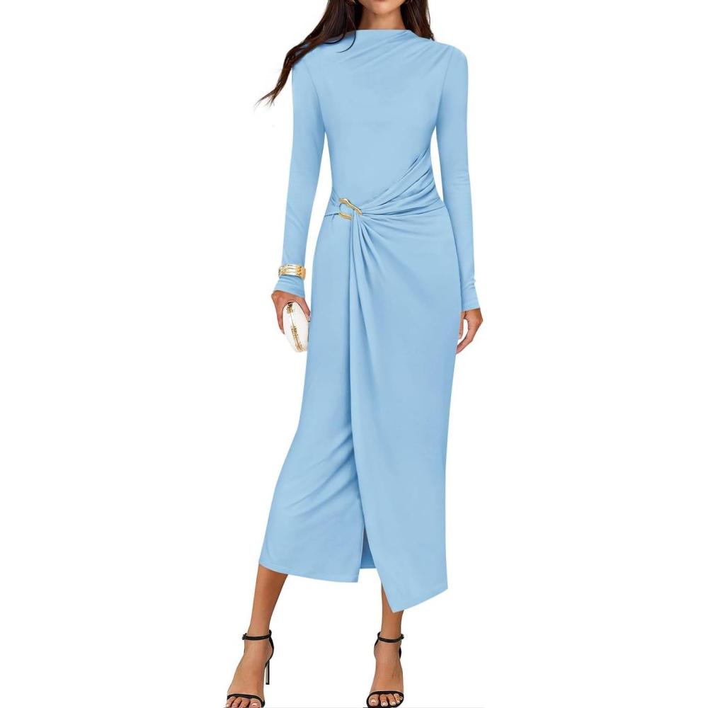 imageZESICA Womens 2026 Spring Long Sleeve Bodycon Dress Mock Neck Wedding Guest Cocktail Party Long Midi DressesLight Blue