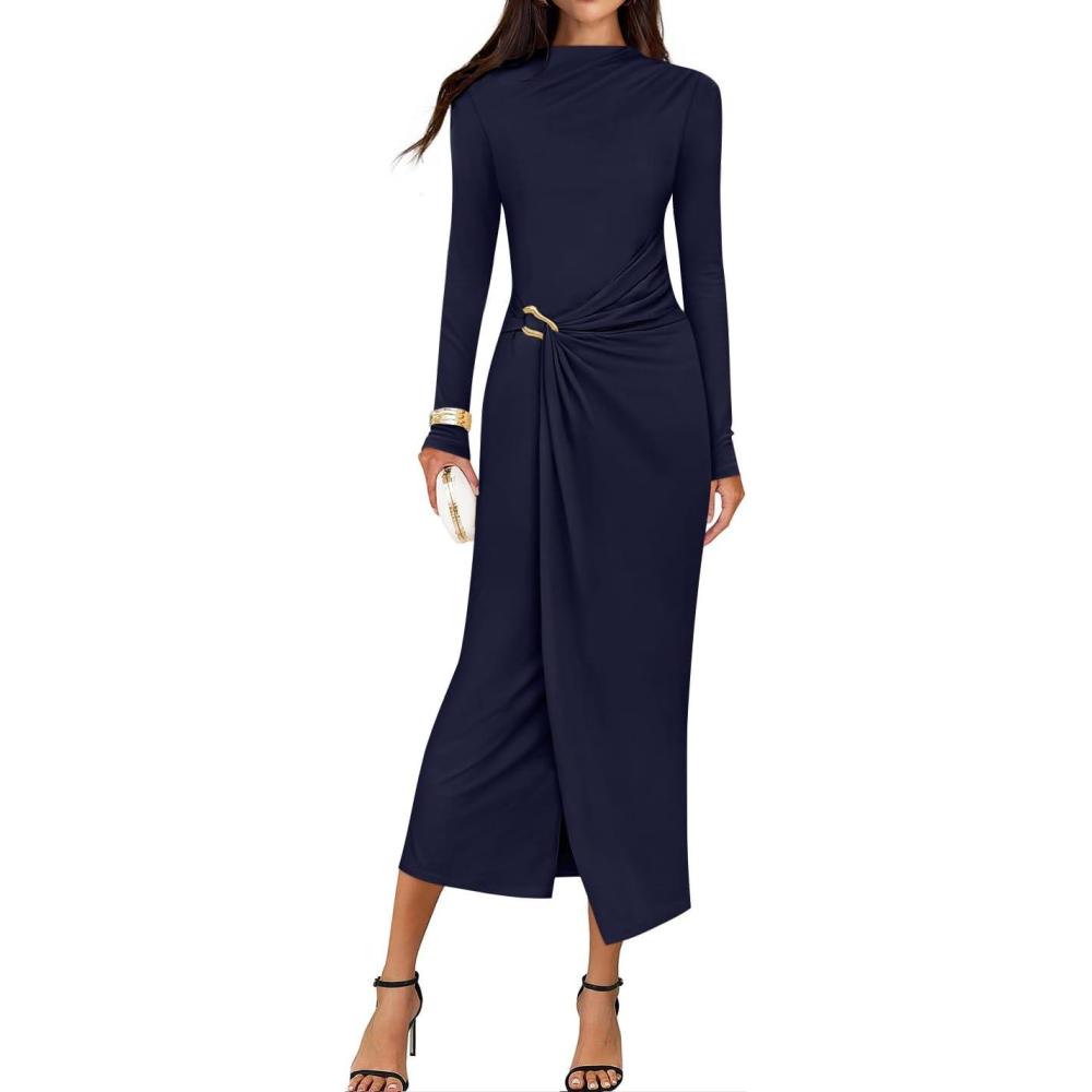 imageZESICA Womens 2026 Spring Long Sleeve Bodycon Dress Mock Neck Wedding Guest Cocktail Party Long Midi DressesNavy