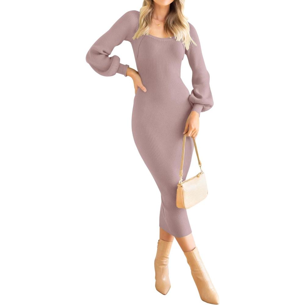 imageZESICA Womens 2026 Square Neck Ribbed Knit Dress Puff Long Sleeve Slim Fit Bodycon Fall Winter Pullover Sweater DressPurple