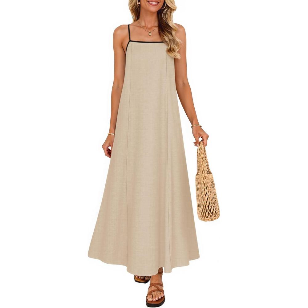 imageZESICA Womens 2026 Summer Boho Sleeveless Maxi Dress Spaghetti Straps Casual Flowy A Line Beach Party Long DressesApricot