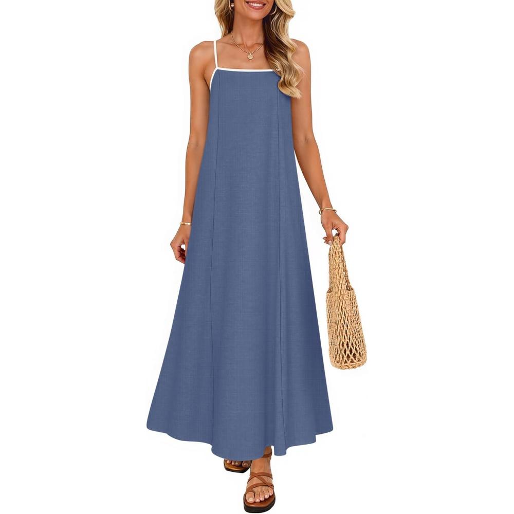imageZESICA Womens 2026 Summer Boho Sleeveless Maxi Dress Spaghetti Straps Casual Flowy A Line Beach Party Long DressesDusty Blue