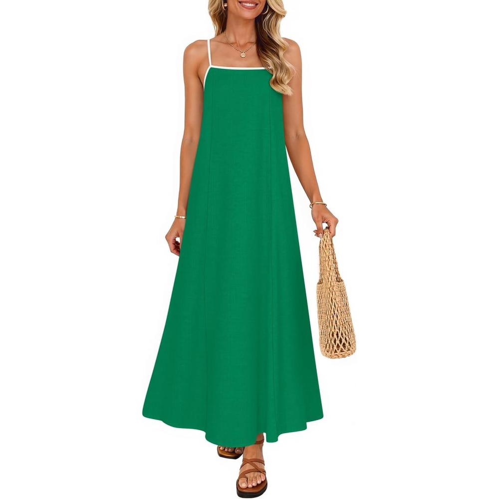 imageZESICA Womens 2026 Summer Boho Sleeveless Maxi Dress Spaghetti Straps Casual Flowy A Line Beach Party Long DressesGreen