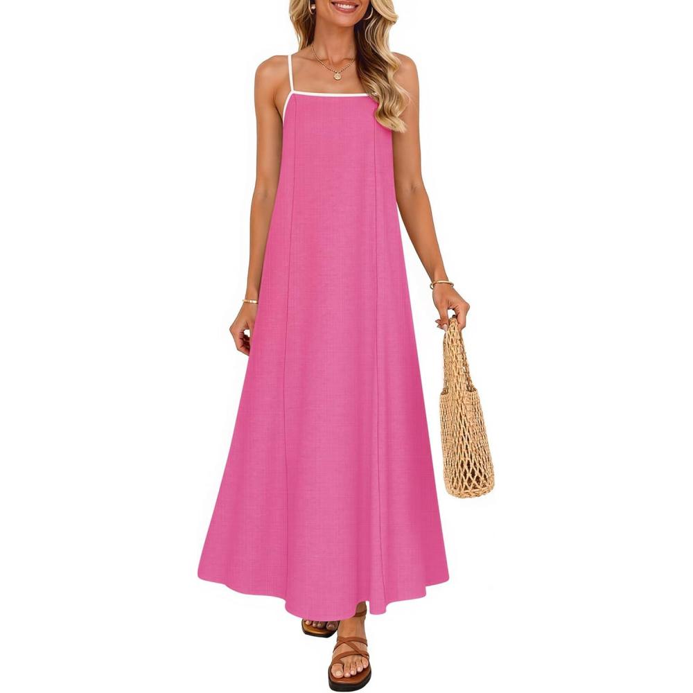imageZESICA Womens 2026 Summer Boho Sleeveless Maxi Dress Spaghetti Straps Casual Flowy A Line Beach Party Long DressesHot Pink
